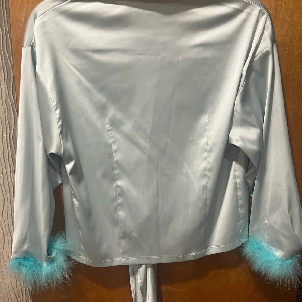 Tie-Front Satin Blouse in Light Blue - Picture 3 of 7